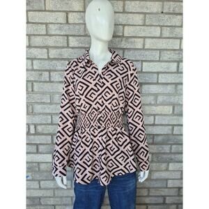 Sweet Rain Womens M Geometric Print Tunic Top Brown Black Elastic Waist